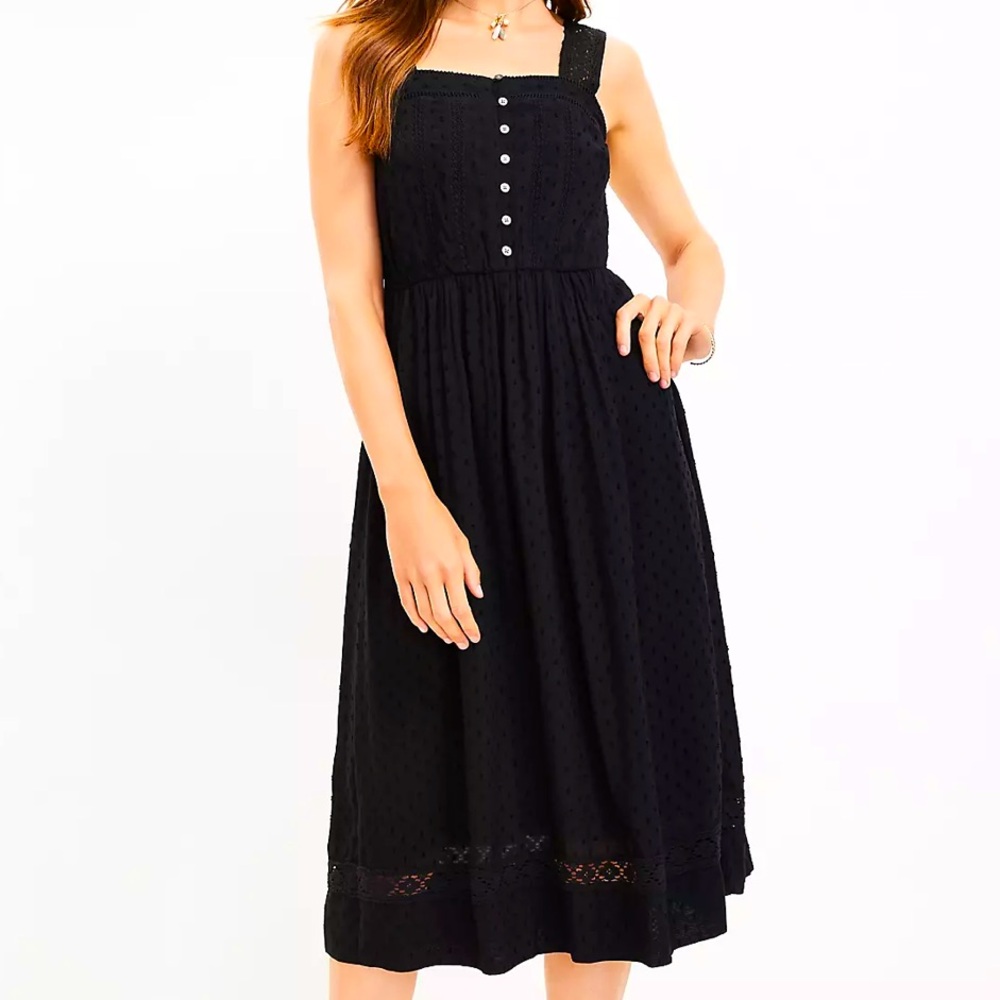 LOFT Women’s Clip Lace Button Square Neck Midi Dress Size 6 Black